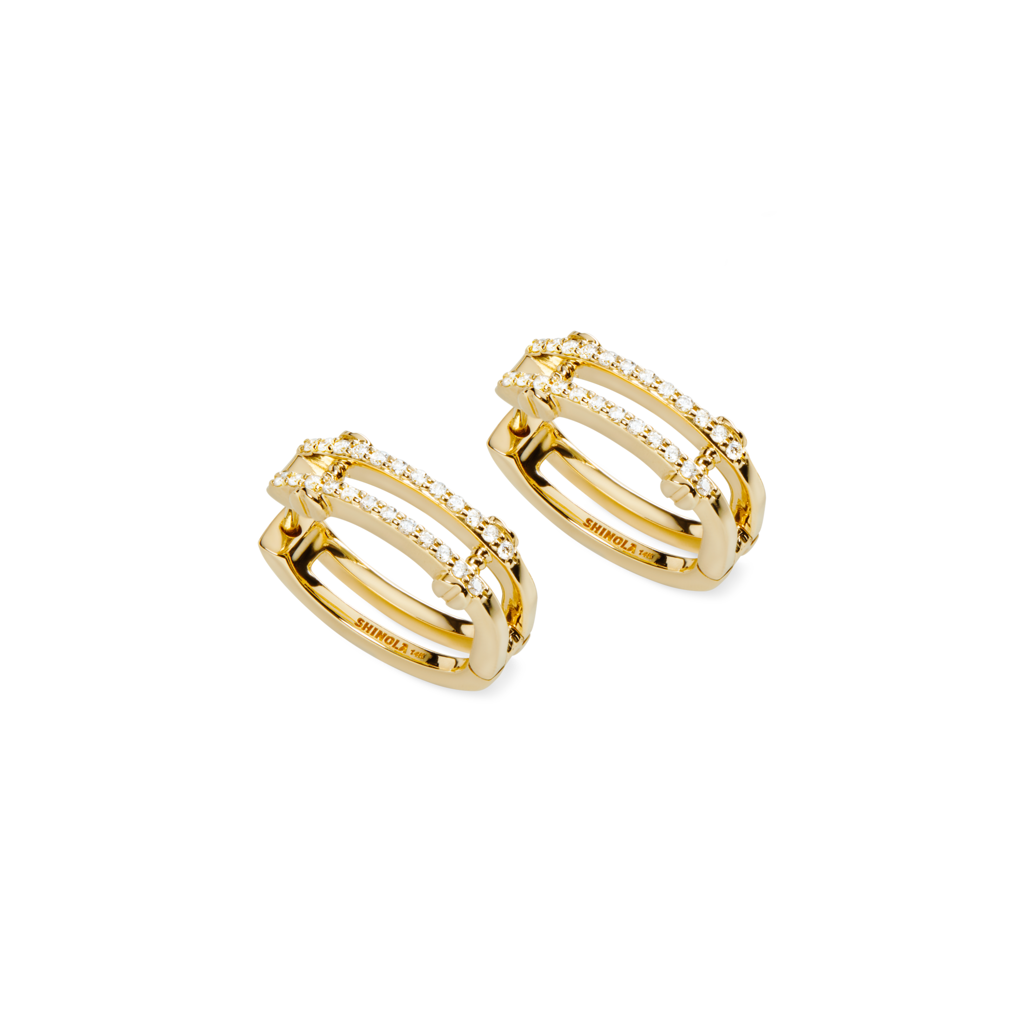 Diamond Pave Rivet Double Row Hoop Earrings - Yellow Gold
